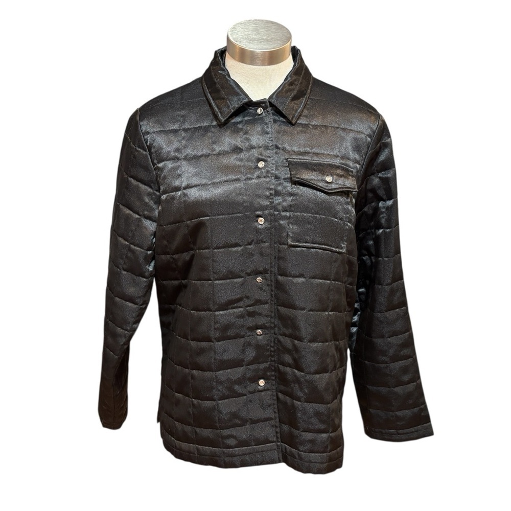 SPANNER Womens Jacket Shacket Black Satin Quilted Crystal Buttons Sz. L